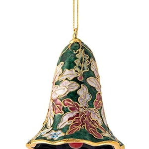 Value Arts Handmade Cloisonne Green Poinsettia Bell Ornament