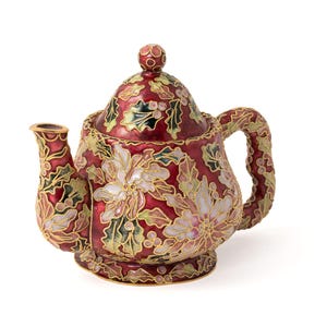 Value Arts Handmade Cloisonne Red Poinsettia Decorative Teapot