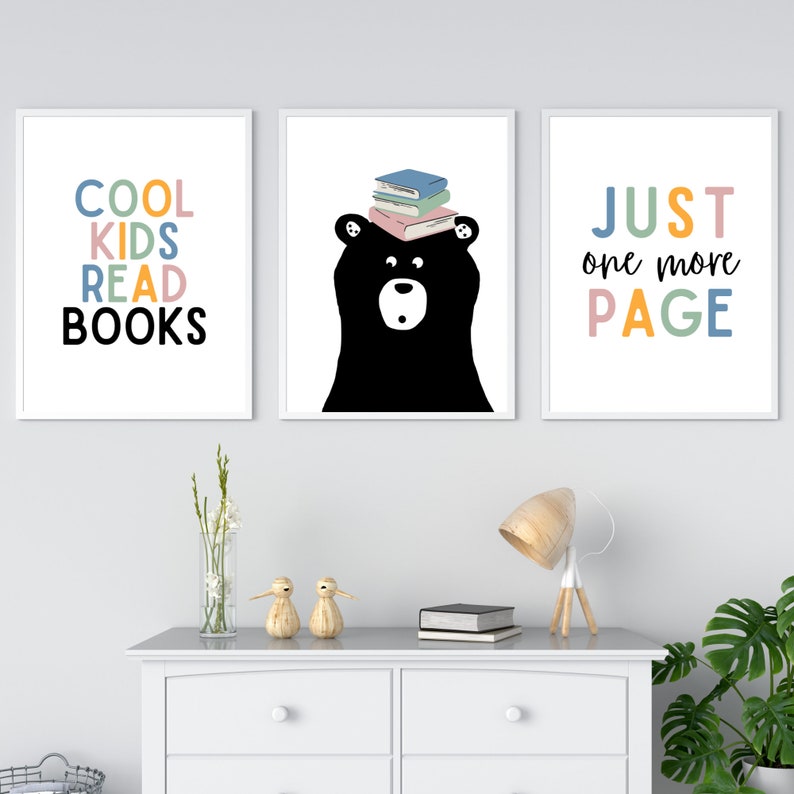 Kids Black Bear Reading Wall Art Playroom, Classroom, Bedroom, Cool