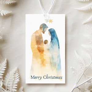 Etiqueta de regalo con arte de la Sagrada Familia, etiqueta de regalo de la Natividad en acuarela, etiquetas de recuerdo de la Natividad de Navidad, etiqueta de regalo de Navidad religiosa de arte LDS imprimible