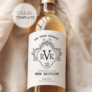Etichetta per vino per annuncio di gravidanza per i nonni, etichetta per bottiglia di vino con monogramma, regalo per la rivelazione della gravidanza per i neo-nonni, annuncio di nascita