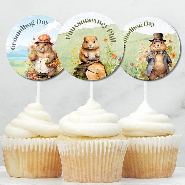 Groundhog Day Cupcake Toppers, Punxsutawney Phil, Groundhog Party Decor, Cake Topper, Pennsylvania Punxsutawney, Groundhogs Day Cake