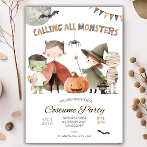 Calling All Monsters Halloween Party Invitation, Kids Halloween Party Invitation Template, Monster Invitation, Witch Mummy, Editable Invite