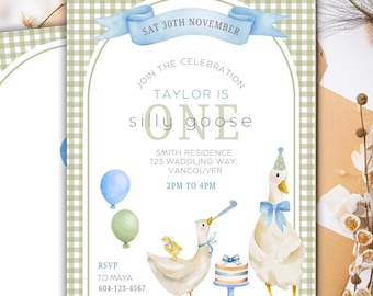 One Silly Goose Birthday Invitation, Goose Invitation, Silly Goose, Boy First Birthday, 1 Lucky Duck Birthday, Duck Party, Duck With Hat