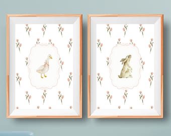 Juego de láminas para habitación de conejito, láminas para habitación de pato, decoración de habitación de conejo y ciervo, decoración de habitación de niña, decoración de habitación vintage, decoración de habitación de estilo cottagecore.
