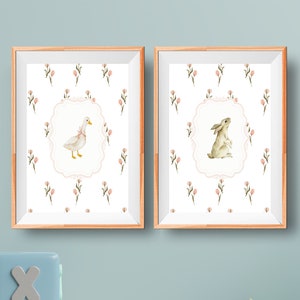 Bunny Nursery Print Set, Duck Nursery Print, Rabbit Deer Woodland Nursery, Girls Nursery Decor, Vintage Nursery Decor, Cottagecore Nursery