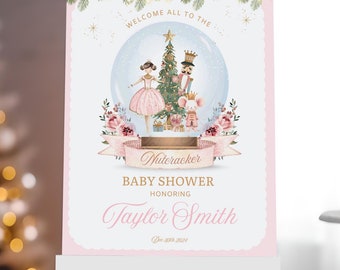 Nutcracker Baby Shower Welcome Sign, Pastel Pink Nutcracker Baby Shower for Girl, Editable Welcome Sign Template, Winter Baby Shower Sign