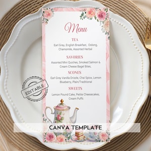 Floral Tea Party Menu Template Editable Canva, Blush Pink High Tea Menu Cards, Afternoon Tea Party, Garden Party,Baby Bridal Shower Birthday