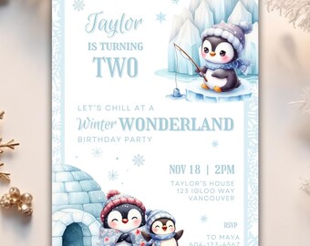 Könnte beinhalten: Eine hellblaue Einladung mit Winterthema. Die Einladung zeigt eine Aquarellillustration von Pinguinen, einem Iglu und Schneeflocken. Der Text enthält "Taylor wird zwei" und "Winter Wonderland Geburtstagsparty."
