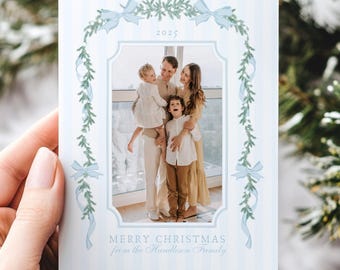 Editable Christmas Photo Card Template, Blue Christmas Coquette Holidays Card Canva Template, Classic Watercolor Greenery with Blue Bow