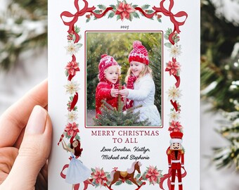 Nussknacker Weihnachten Foto Kartenvorlage, Urlaub Foto Karte druckbar, 5 x 7 DIY Weihnachtskarte, Nussknacker Ballett Geschenke, rote Schleife Urlaub Karte