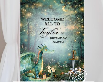Dragon Birthday Welcome Sign Template Editable in Canva, Fantasy Birthday Party Welcome Poster, Dragon Party Sign, Magical Birthday Decor