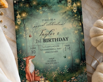 Woodland Fox Enchanted Forest Birthday Party, Enchanted Garden Invitation Forest Fairy Garden, Cute Fox Birthday Party Invite Template Canva