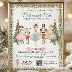 May include: A framed invitation for a Nutcracker Tea event. The design features illustrations of ballet dancers, a mouse, and a nutcracker soldier. The text includes the event name, date, and time, along with ticket information and a logo.