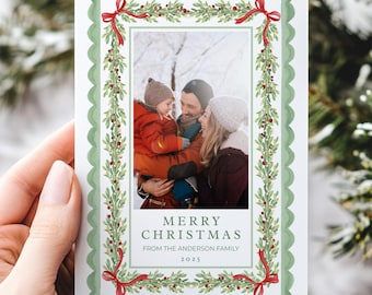 Editable Christmas Card Printable, Watercolor Red Green Christmas Holidays Card Template, Christmas Photo Card Template, Canva Template 5x7