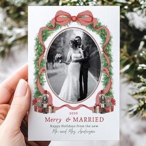 Merry and Married Christmas Photo Card, Coquette Newlywed Holiday Card, Red Bow Photo Card,  Merry and Bright Couple, Watercolor Nutcracker