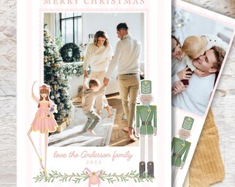 Nussknacker Weihnachten Foto Karten Vorlage, Urlaub Foto Karte zum Ausdrucken, 5x7 DIY Weihnachtskarte, Nussknacker Ballett Geschenke, Rosa Urlaub Karte