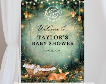 Enchanted Forest Baby Shower Welcome Sign Template Canva, Woodland Baby Shower, Oh Deer Woodland Deer Magical Baby Shower Fairy Garden
