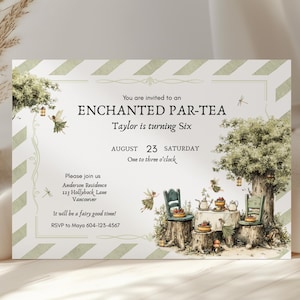 Fairy Par-Tea uitnodiging, Woodland Fairy verjaardagsuitnodiging, Fairy eerste verjaardagsfeestje, Enchanted Forest Magical Tea Party uitnodiging sjabloon