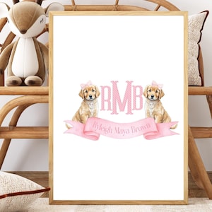 Golden Retriever Art,Girl Nursery Wall Art, Custom Name Print for Nursery, Puppy Wall Art Dog Nursery Decor, Pink Monogram Art Puppy Nursery
