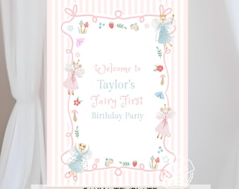 Fairy First Birthday Welcome Sign, 1st Birthday Girl Party Welcome Poster Template Canva, Spring Wildflower Whimsical Fairy Garden Storybook