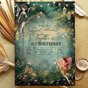 Invitación de cumpleaños de hadas del bosque editable, invitación de cumpleaños del bosque encantado, fiesta mágica para niñas, invitación rústica de hadas del bosque, Canva