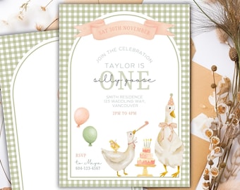 One Silly Goose Birthday Invitation, Goose Invitation, Silly Goose, Girl First Birthday, 1 Lucky Duck Birthday, Duck Party, Duck With Hat