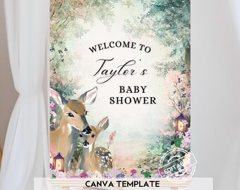 Enchanted Forest Woodland Baby Shower Welcome Sign Template Editable in Canva, Oh Deer Magical Baby Shower Fairy Garden, Fawn Shower Poster
