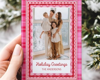 Editable Striped Photo Christmas Card Template, Pink Christmas Photo Card, Pink Holidays Card Oh What Fun Stripes Modern