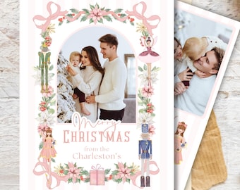 Nussknacker Weihnachten Foto Karten Vorlage, Urlaub Foto Karte zum Ausdrucken, 5x7 DIY Weihnachtskarte, Nussknacker Ballett Geschenke, Rosa Urlaub Karte