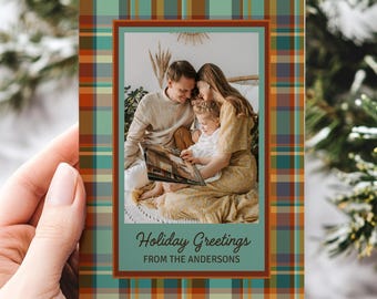Colorful Plaid Christmas Card Template Canva, Holiday Photo Card Template, Tartan Christmas Photo Greeting Card Printable Year in Review