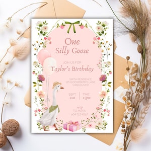 One Silly Goose Birthday Invitation, Goose Invitation, Little Goose, Silly Goose, First Birthday, One Lucky Duck Birthday Invite, Duck Party, duck first birthday, silly duck birthday, girl first birthday, goose birthday party, vintage goose invite