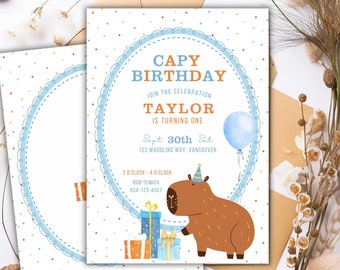 EDITIERBARE Capybara Geburtstagseinladung, Capy Geburtstagsfeier, Capybara Geburtstag einladen Vorlage, Capybara Einladung, Tier Geburtstag einladen