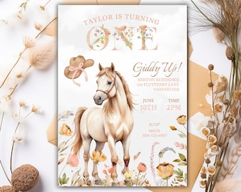 EDITABLE Floral Horse Birthday Invitation Template, Girl Saddle Up Invite, Cowgirl Party Horse Invite, Pink Floral Equestrian Birthday Party