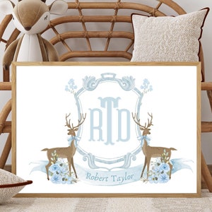 Deer Wall Art, Personalized Watercolor Monogram Nursery Name Print,Deer Monogram Art Print,Custom Nursery Wall Art, Whitetails Nursery Crest