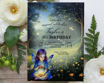 May include: A whimsical birthday invitation featuring a fairy with blue wings holding a lantern in a magical forest setting. The invitation reads "It will be a magical celebration! Tayler's 8th Birthday" with details for the event including date, time, and location.