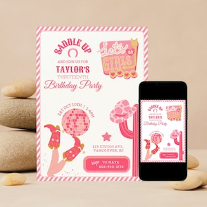 Let's Go Girls Birthday Invite, Hot Pink Cowgirl Birthday Party Invitation, Pink Disco Cowgirl Party,Disco Rodeo Western Girl Birthday Party