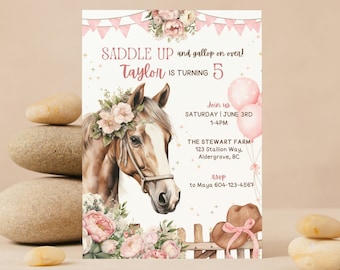 EDITABLE Floral Horse Birthday Invitation Template, Girl Saddle Up Invite, Cowgirl Party Horse Invite, Pink Floral Equestrian Birthday Party