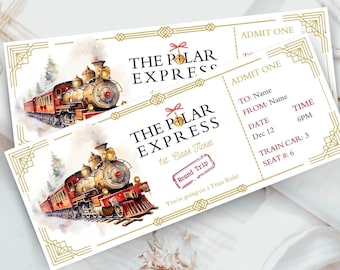 May include: A vintage-style ticket for the Polar Express train ride. The ticket is gold and white with a red and black train illustration. The text on the ticket reads "The Polar Express 1st Class Ticket" and "Round Trip".