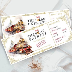 Polar Zugticket-Vorlage, personalisierte Überraschungsgeschenkgutschein, Expresszug-Event-Karte, Weihnachtszugkarte, Weihnachten zum Ausdrucken