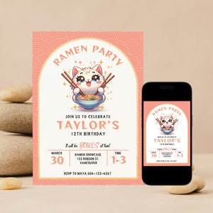 EDITABLE Cat Ramen Party Invitation, Japanese Party Invitation Template, Kawaii Birthday Party Invite, Ramen Party Invite, Cat Eating Ramen