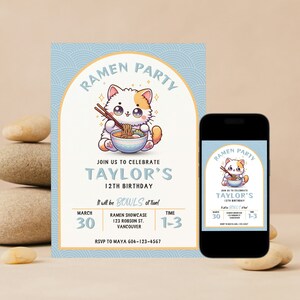 EDITABLE Cat Ramen Party Invitation, Japanese Party Invitation Template, Kawaii Birthday Party Invite, Ramen Party Invite, Cat Eating Ramen