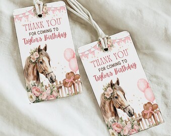 EDITABLE Floral Horse Thank You Tag Template Canva, Birthday Favor Tags Printable Cowgirl Party Horse Birthday, Pink Floral Equestrian Party