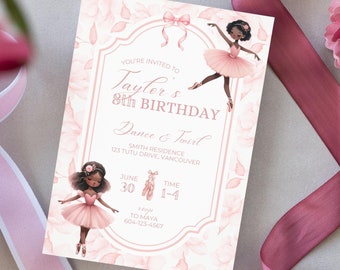Black Ballerina Birthday Invitation, Tutu Cute, Dancer Girl Birthday Invite, Ballet Invitation Template, Ballet Birthday, Rose Invitation