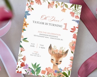 Oh Deer Birthday Invitations, Printable Deer Birthday Party Invite, Editable Oh Deer Invitation, Wildflower Deer 1st Birthday Invitation