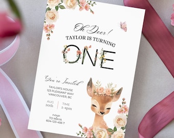 Oh Deer Birthday Invitations, Printable Deer Birthday Party Invite, Editable Oh Deer Invitation, Wildflower Deer 1st Birthday Invitation