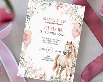 EDITABLE Floral Horse Birthday Invitation Template, Girl Saddle Up Invite, Cowgirl Party Horse Invite, Pink Floral Equestrian Birthday Party