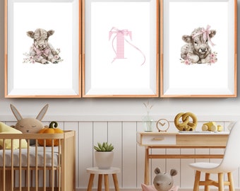 Highland Cow Nursery Print, Girl Highland Cow Initial Print for Nursery, Nursery Decor Gift, Baby Girl Farm Nursery Prints, Pink Bow Art