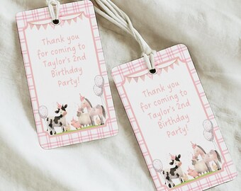 Editable Farm Animal 2nd Birthday Thank You Gift Tag Template Canva, Farm Girl 2nd Birthday Party Favor Tags, Gingham Pink Coquette Bows