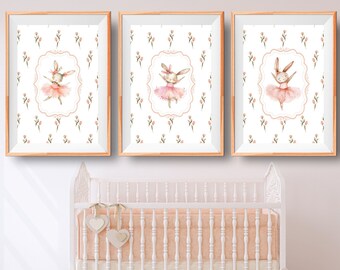 Printable Ballerina Bunny Nursery Wall Decor, Set of 3, Woodland Nursery, Bunny Wall Art, Girls Room Decor, Ballet Gifts, Rabbit, Pink Tulip